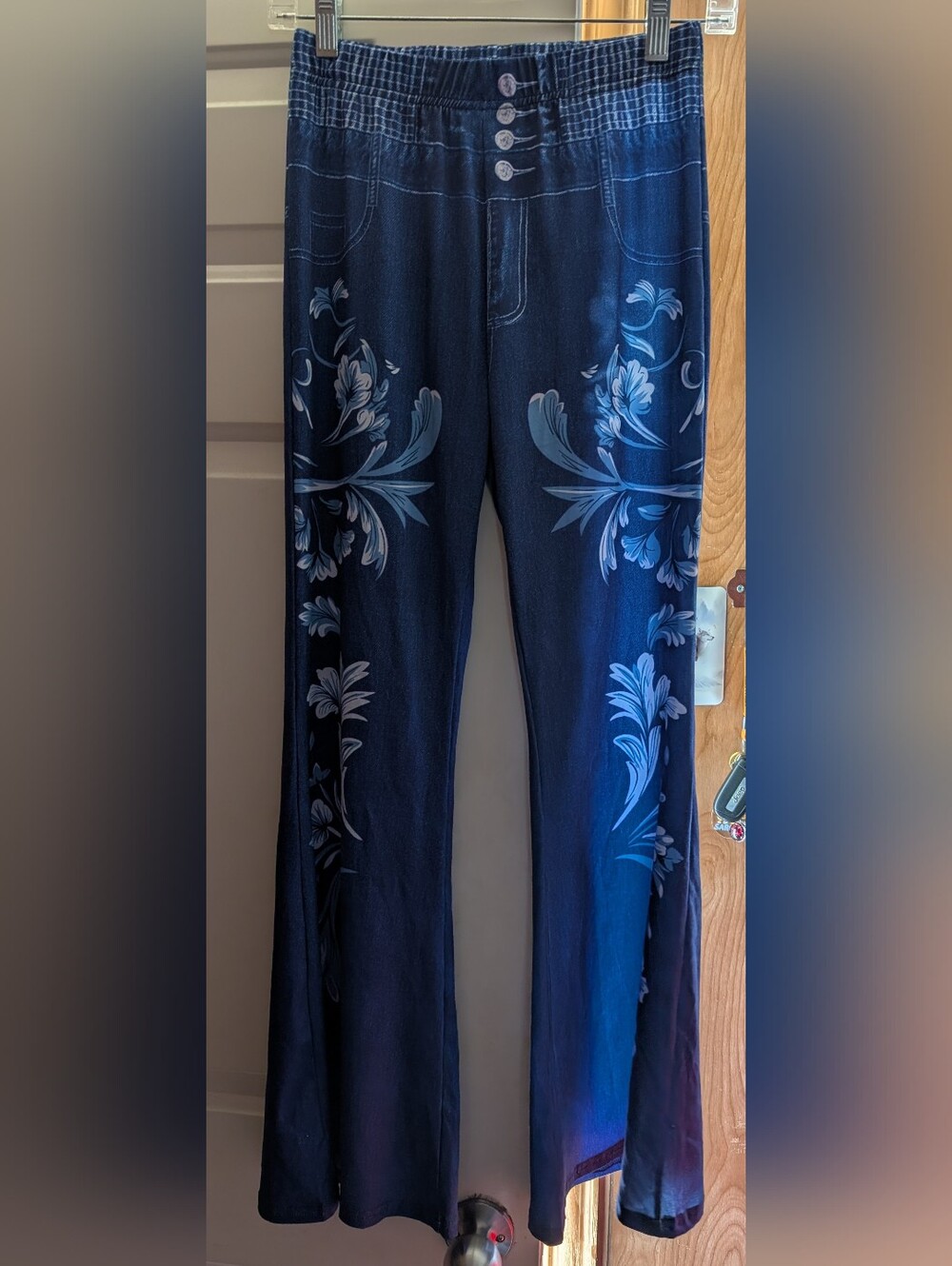 Print Flared-Leg Floral Print Stretch Pants Sz S